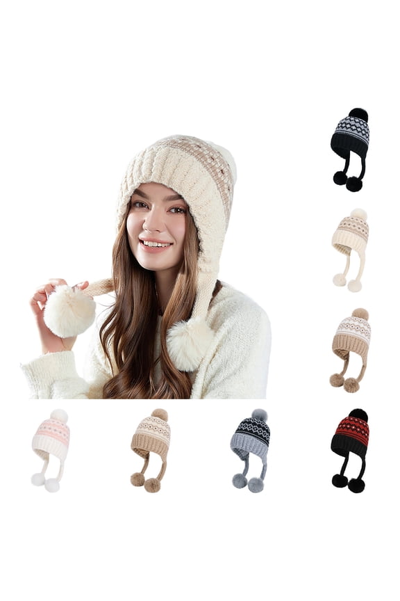 Beanie for Women Cute Fashion ​Pom Poms Winter Hats with Earflaps Soft Comfy Warm Ski Knit Hat for Outdoor Cold Weather