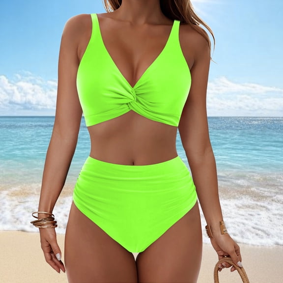 jobturf Bikini Sets for Women High Waisted Tummy Control Swimsuits Casual Swimwear 2 Piece Outfits Summer Fashion V Neck Twist Front Bathing Suits