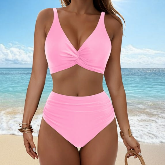 jobturf Bikini Sets for Women High Waisted Tummy Control Swimsuits Casual Swimwear 2 Piece Outfits Summer Fashion V Neck Twist Front Bathing Suits
