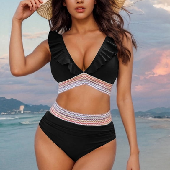 jobturf Bikini Sets for Women High Waisted Tummy Control Swimsuits Two Piece Set Deep V Neck Ruffle Swimwear Summer Fashion Color Block Bathing Suit