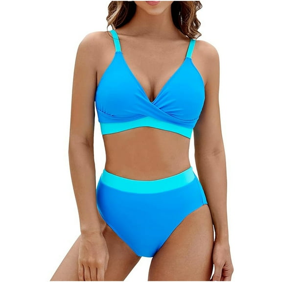 jobturf Bikinis Sets for Women V Neck Twist Front Bikini Top High Waisted Tummy Control Swimsuits Summer Fashion Modest Bathing Suit 2 Piece Outfits
