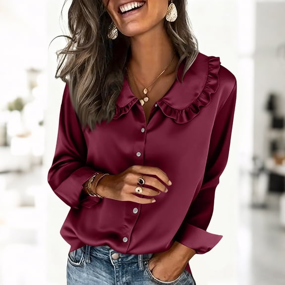 jobturf Blouses for Women Dressy Casual Ruffle Collared Button Down Shirts Fall Spring Fashion Long Sleeve Shirt Business Office Work Tops Y2k Clothes