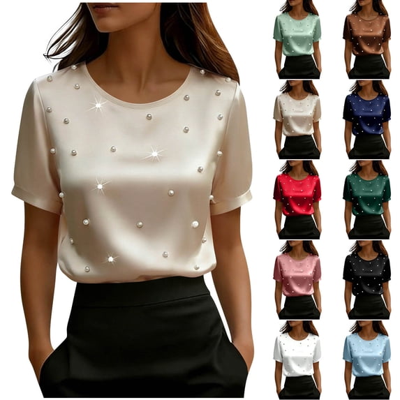 jobturf Blouses for Women Business Casual Crew Neck Work Shirts Basic Tees Trendy Pearl Short Sleeve Tops Summer Outfits S-XXL
