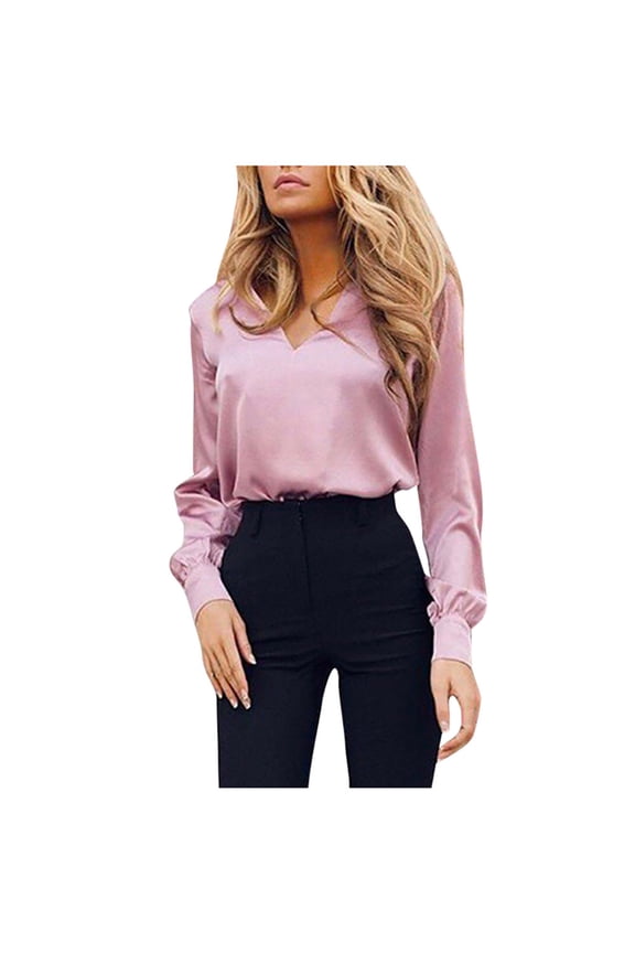 Blouses for Women Business Office Work Satin Blouse Long Sleeve Tops Dressy Casual V Neck T Shirts Teacher Outfits S-XXL