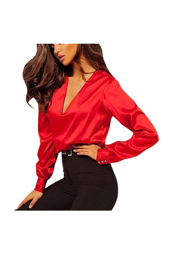Blouses for Women Business Office Work Satin Blouse Long Sleeve Tops Dressy Casual V Neck T Shirts Teacher Outfits S-XXL