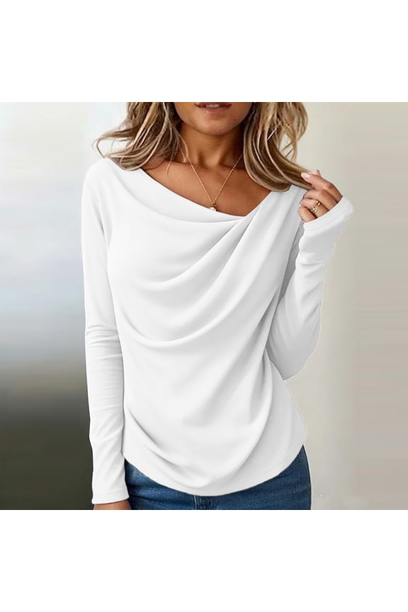 Blouses for Women Dressy Casual Asymmetric Square Neck Pleated Front Y2k Tops Soft Comfy Pullover Fall Spring Fashion Long Sleeve Shirts