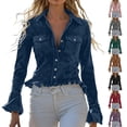 thumbnail image 1 of jobturf Blouses for Women Dressy Casual Collared Ruffle Hem Y2k Tops Fall Spring Fashion Work Office Business Long Sleeve Button Down Shirts, 1 of 10