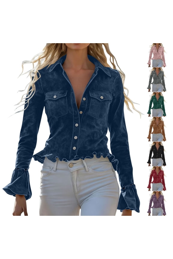 Blouses for Women Dressy Casual Collared Ruffle Hem Y2k Tops Fall Spring Fashion Work Office Business Long Sleeve Button Down Shirts