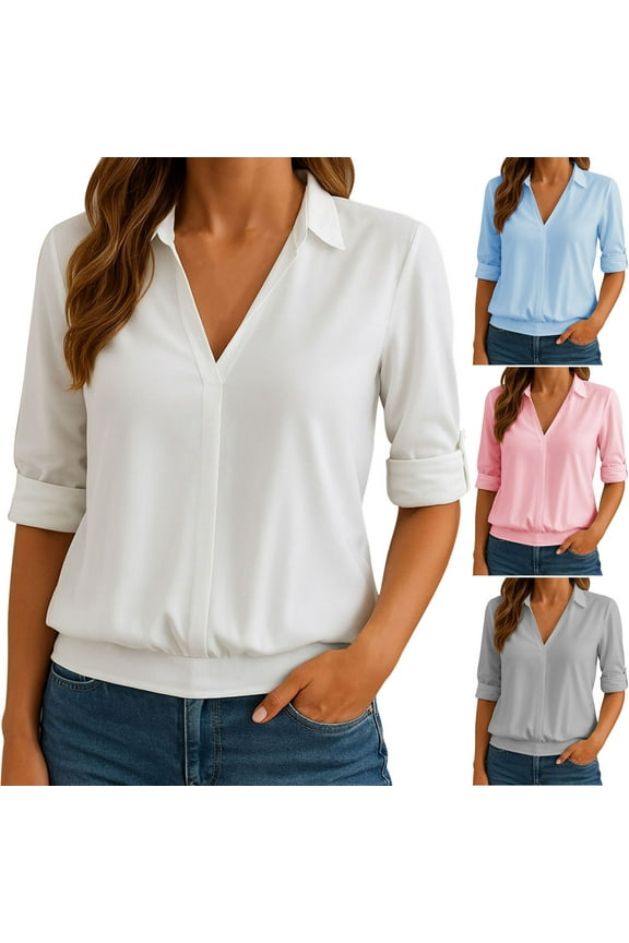 Blouses for Women Dressy Casual Collared V Neck Long Sleeve Shirts Spring Fashion Basic Tees Business Office Work Tops S-XXXL