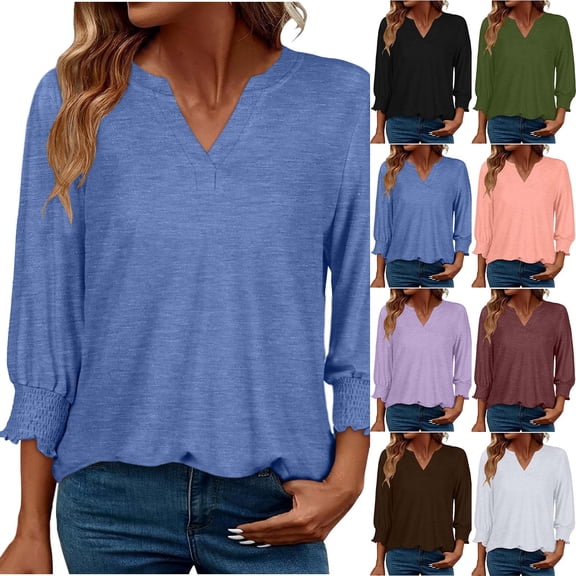 jobturf Blouses for Women Dressy Casual Smocked Cuff V Neck 3/4 Sleeve T Shirts Spring Fashion Basic Tees Business Office Work Tops