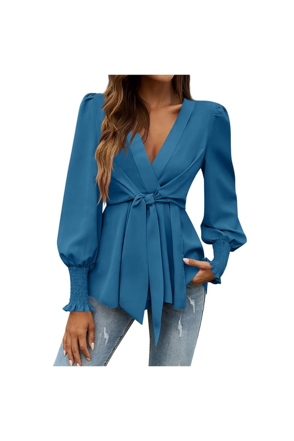 Blouses for Women Dressy Casual V Neck Smocked Cuff Long Sleeve Shirts Wrap Tie Knot Blouse Spring Fashion Office Business Work Tops