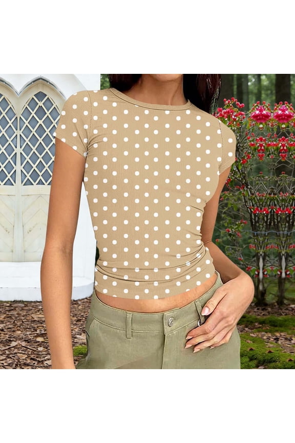 Blouses for Women Slim Fitted Crew Neck Short Sleeve Shirts Summer Trendy Polka Dots Basic Tees Holiday Beach Vacation Going Out Tops S-XXL