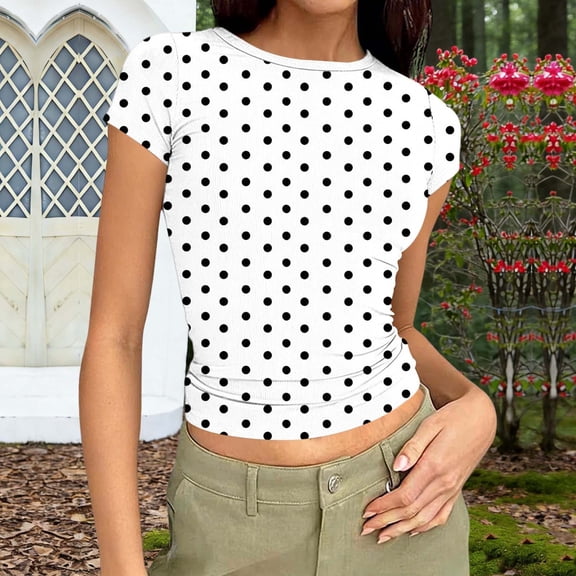 jobturf Blouses for Women Slim Fitted Crew Neck Short Sleeve Shirts Summer Trendy Polka Dots Basic Tees Holiday Beach Vacation Going Out Tops S-XXL