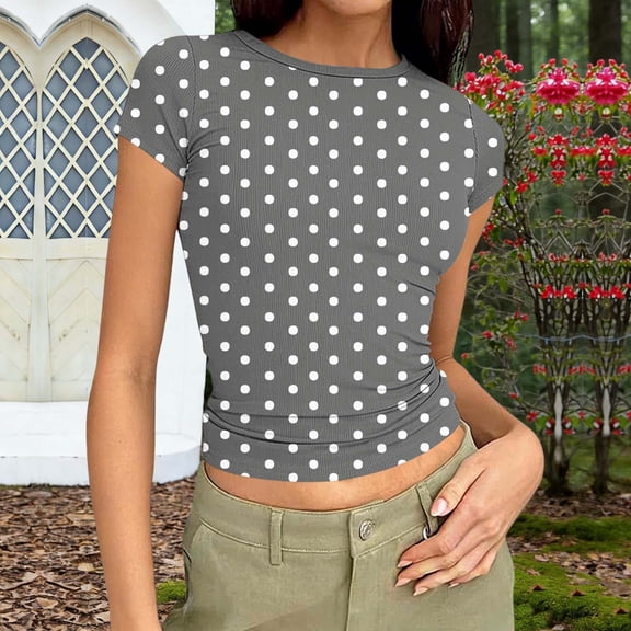 jobturf Blouses for Women Slim Fitted Crew Neck Short Sleeve Shirts Summer Trendy Polka Dots Basic Tees Holiday Beach Vacation Going Out Tops S-XXL