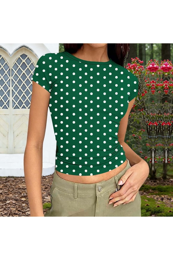 Blouses for Women Slim Fitted Crew Neck Short Sleeve Shirts Summer Trendy Polka Dots Basic Tees Holiday Beach Vacation Going Out Tops S-XXL