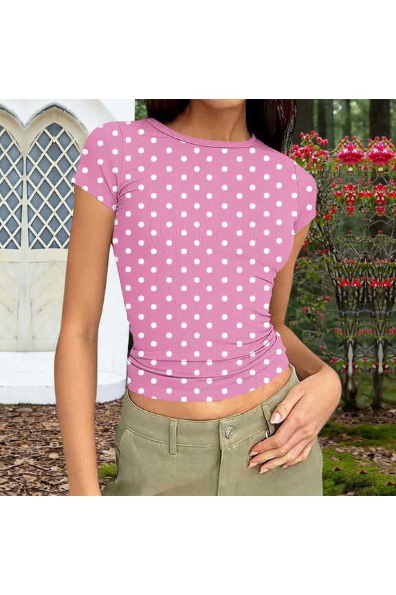 Blouses for Women Slim Fitted Crew Neck Short Sleeve Shirts Summer Trendy Polka Dots Basic Tees Holiday Beach Vacation Going Out Tops S-XXL