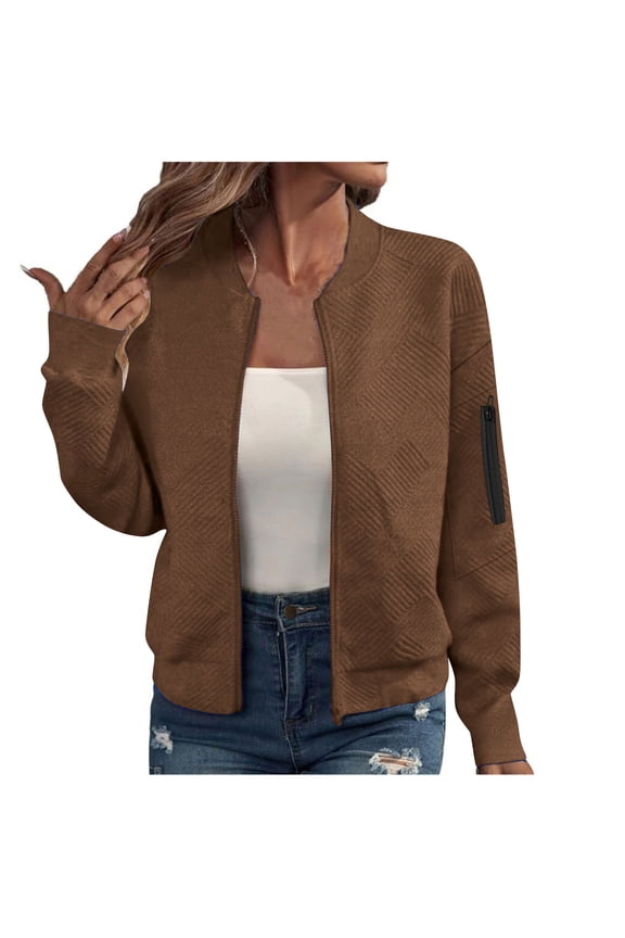 Bomber Jacket Women Textured Long Sleeve Lightweight Jackets with Arm Pocket Spring Fall Trendy Full Zip Up Casual Outerwear S-2XL