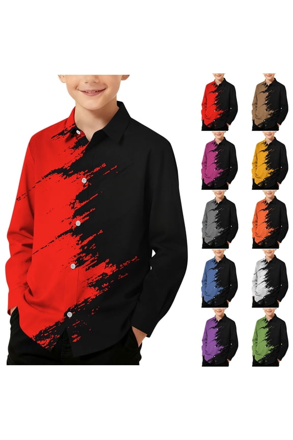 Boys Button Down Shirt Spring Fashion Color Block Long Sleeve Tops Beach Vacation Graphic Tees Casual Loose Blouses Size 3-14 Years