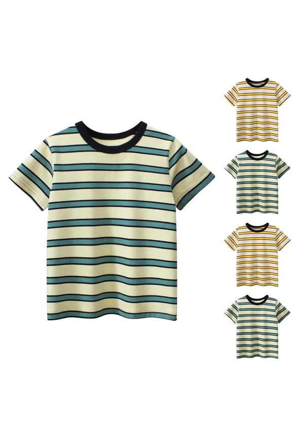 Boys Cotton Shirts Casual Loose Short Sleeve Basic Tees Beach Vacation Summer Tops Trendy Crew Neck Striped Shirt for Kids 2-10 Years