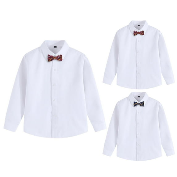 jobturf Boys Dress Shirts School Uniform Dressy Formal Lapel Collar Button Down Shirt Spring Long Sleeve Tops with Bow Tie 2 Piece Sets Size 3-15 Years