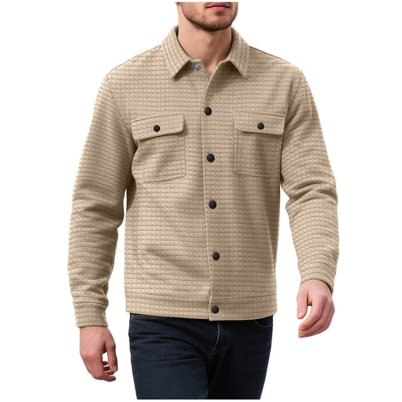 jobturf Button Down Shirt Jackets for Men Fall Jacquard Collared Long Sleeve Jacket Work Business Casual Outerwear with Pockets
