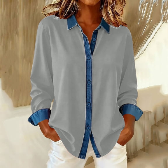 jobturf Button Down Shirts for Women Denim Patchwork Color Block Collared Work Tops Fall Spring Blouses Dressy Casual Loose Long Sleeve Shirt