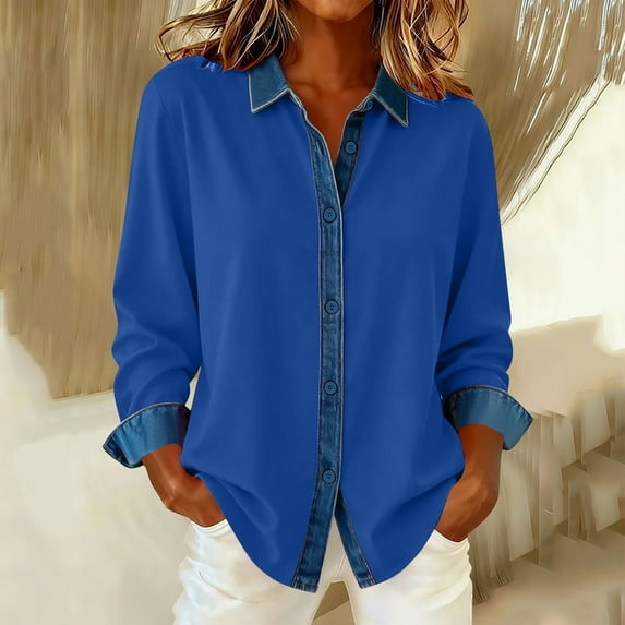 jobturf Button Down Shirts for Women Denim Patchwork Color Block Collared Work Tops Fall Spring Blouses Dressy Casual Loose Long Sleeve Shirt