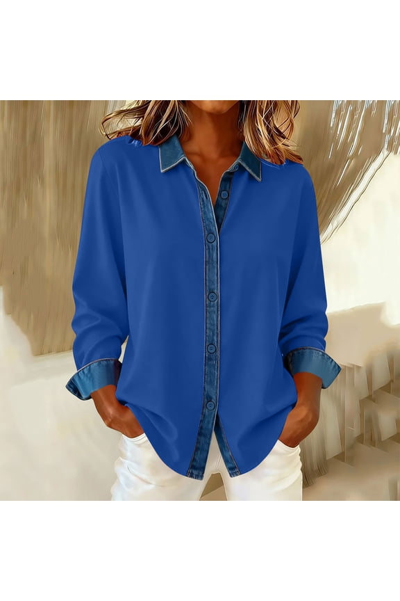 Button Down Shirts for Women Denim Patchwork Color Block Collared Work Tops Fall Spring Blouses Dressy Casual Loose Long Sleeve Shirt