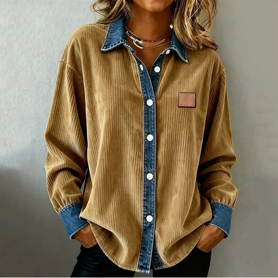 jobturf Button Down Shirts for Women Denim Patchwork Color Block Collared Work Tops Fall Spring Blouses Dressy Casual Loose Long Sleeve Shirt