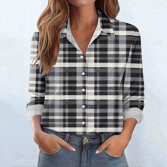 jobturf Button Down Shirts for Women Dressy Casual Collared Plaid Blouses Comfy Loose Basic Tees Fall Spring Fashion Long Sleeve Tops