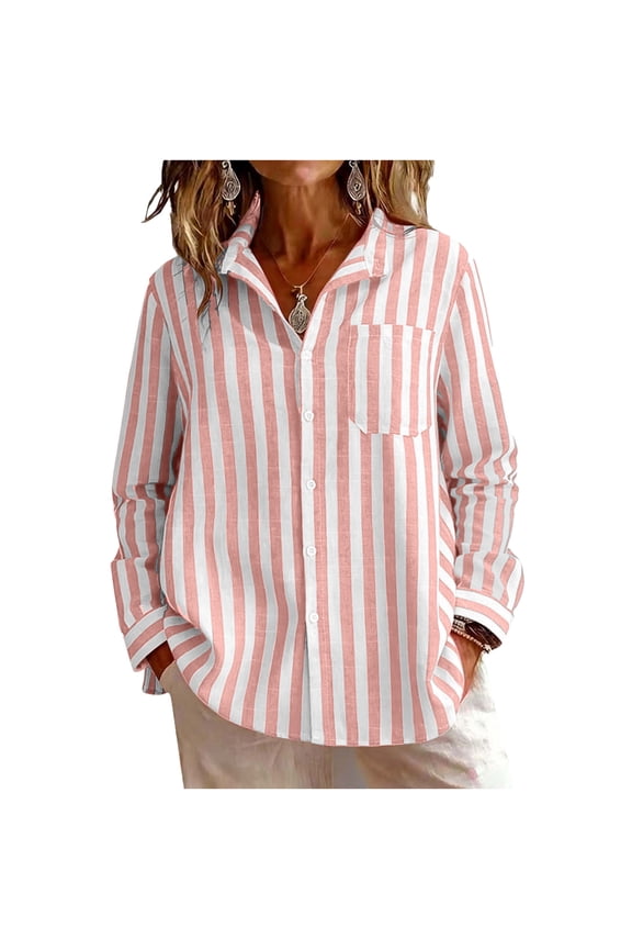 Button Down Shirts for Women Dressy Casual Long Sleeve Going Out Tops Spring Breathable Blouses Business Office Work Striped Shirt