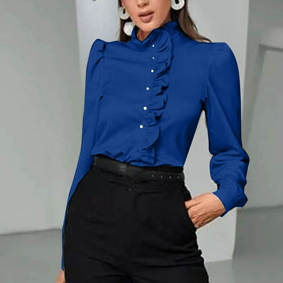 jobturf Button Down Shirts for Women Dressy Casual Long Sleeve Tops Fall Elegant Ruffled Stand Collar Business Work Blouses Clothes