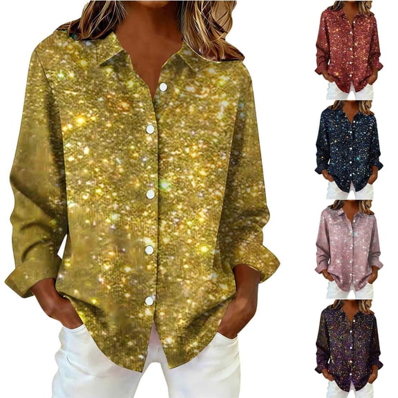 jobturf Button Down Shirts for Women Dressy Casual Sparkle Party Tops Lightweight Basic Tees Fall Winter Fashion Collared Long Sleeve Blouses
