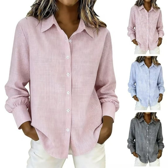 jobturf Button Down Shirts for Women Dressy Casual Striped Long Sleeve Blouses Comfy Loose Going Out Pullover Spring Fashion Business Work Tops