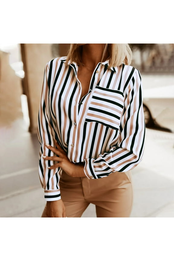 Button Down Shirts for Women Striped Textured Collared Blouses Casual Long Sleeve Business Office Work Tops with Chest Pocket