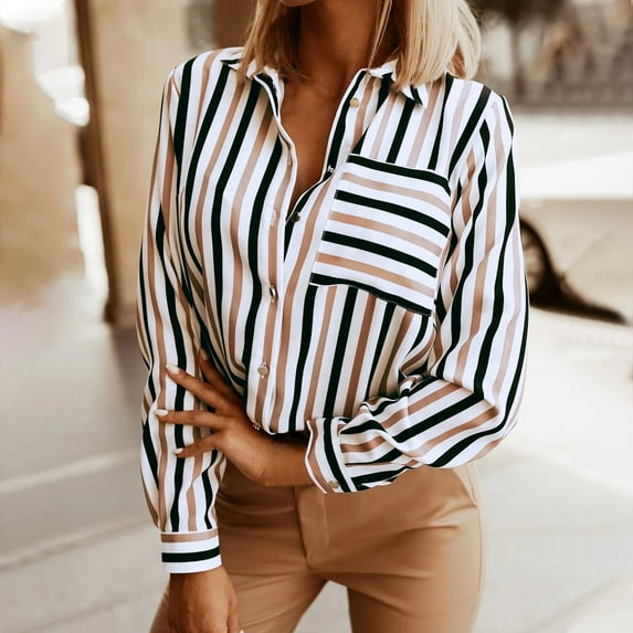 jobturf Button Down Shirts for Women Striped Textured Collared Blouses Casual Long Sleeve Business Office Work Tops with Chest Pocket