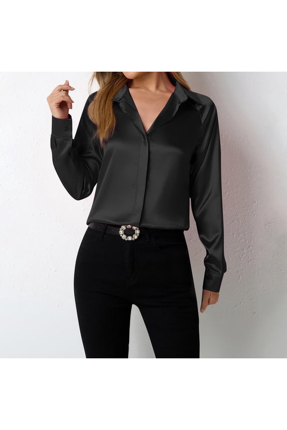 Button Down Shirts for Women Satin Silk Business Work Tops Casual Slim Fit Collared Long Sleeve Dress Shirt