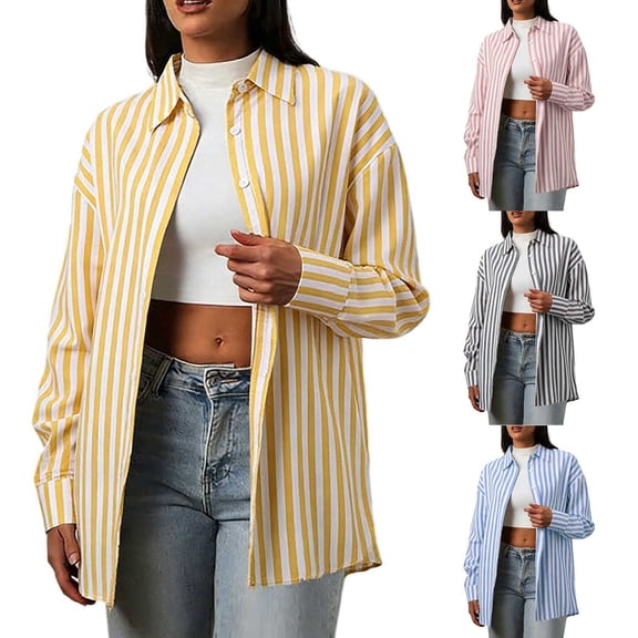 jobturf Button Down Shirts for Women Spring Fashion Striped Lightweight Jackets Holiday Beach Vacation Going Out Tops Dressy Casual Long Sleeve Blouses