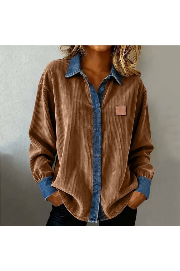 Button Down Shirts for Women Vintage Fashion Lapel Denim Patchwork Corduroy Jacket Holiday Casual Loose Blouses Long Sleeve Going Out Tops