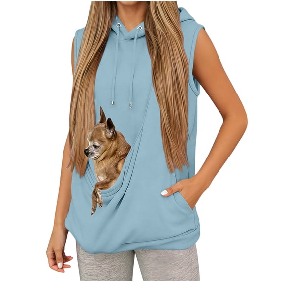 jobturf Cat Dog Carrier Sleeveless Hoodies for Women Big Pet Pouch Sports Tank Tops Kangaroo Pocket Sweatshirt Puppy Kitten Holder Size L
