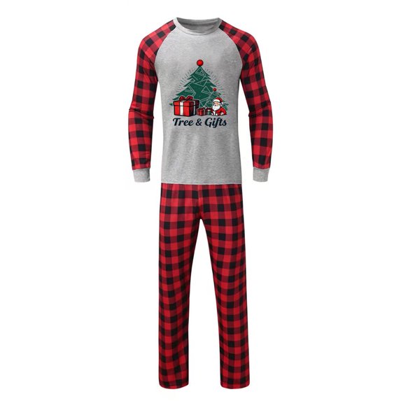 jobturf Christmas Pajamas for Family 2 Piece Outfits Cute Pj Sets Festival Fashion Xmas Tree Long Sleeve Shirts and Plaid Pants Matching Sets Size M