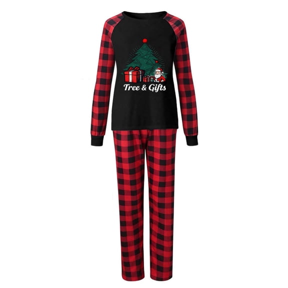 jobturf Christmas Pajamas for Family 2 Piece Outfits Cute Pj Sets Festival Fashion Xmas Tree Long Sleeve Shirts and Plaid Pants Matching Sets Size S