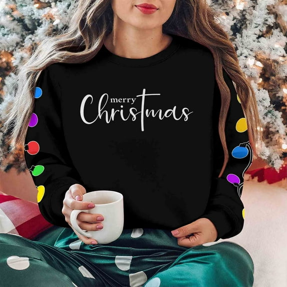 jobturf Christmas Sweatshirts for Women Letter Printed Long Sleeve Pullover Tops Casual Soft Tree Xmas Cute Graphic Shirts