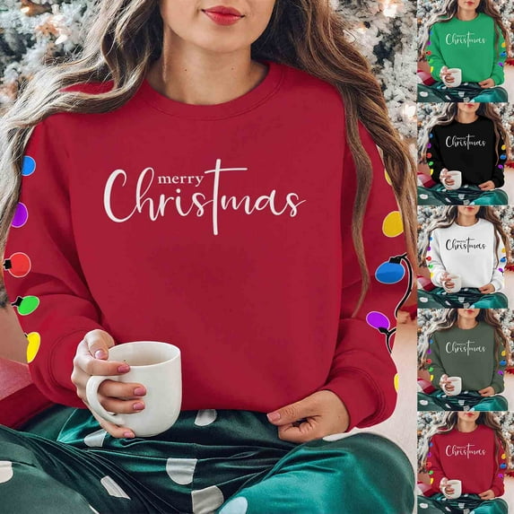 jobturf Christmas Sweatshirts for Women Letter Printed Long Sleeve Pullover Tops Casual Soft Tree Xmas Cute Graphic Shirts