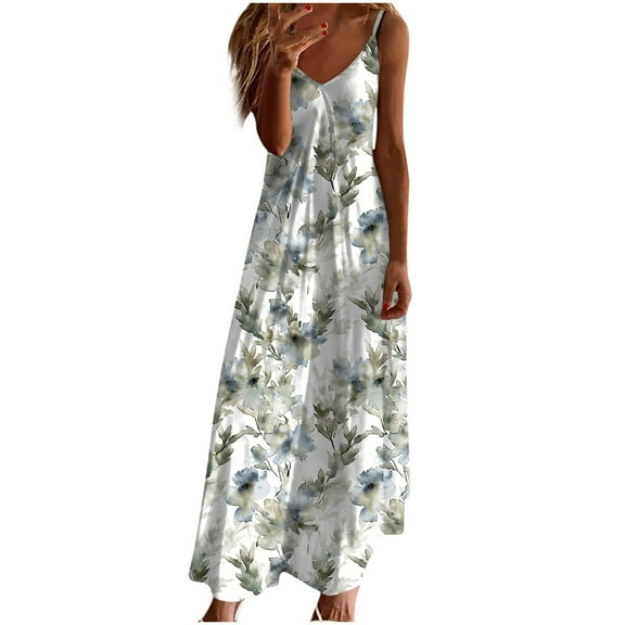 jobturf Cocktail Dresses for Women 2024 Floral Spaghetti Strap Long Maxi Dress V Neck Pleated A-Line Flowy Boho Dresses