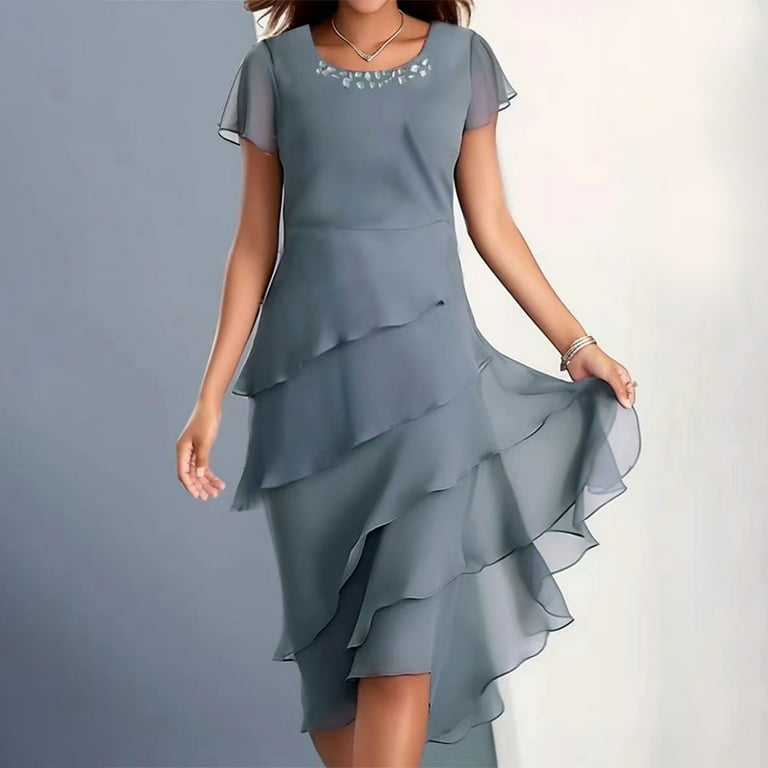 jobturf Cocktail Dresses for Women 2024 Mother of The Bride Dresses Tea Length Short Sleeves Ruffle Tiered Flowy A Line Formal Chiffon Dresses Walmart