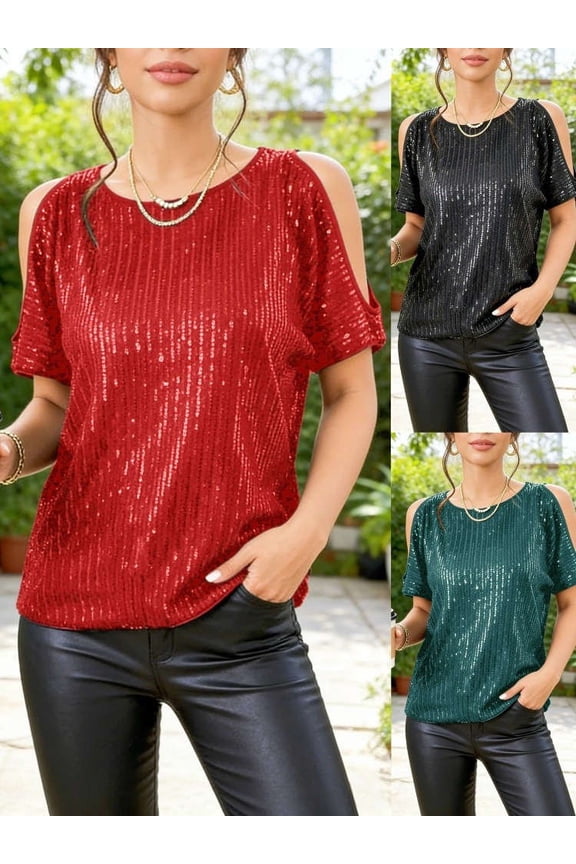 Cold Shoulder Tops for Women Party Sparkly Sequin Top Summer Y2k Basic Tees Dressy Casual Glitter Short Sleeve Shirts S-XL