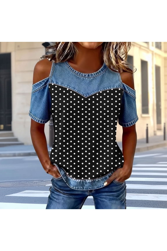Color Block Cold Shoulder Tops for Women Patchwork Denim Short Sleeve Casual Shirts Going Out Crew&nbsp;Neck Summer Tees S-3XL