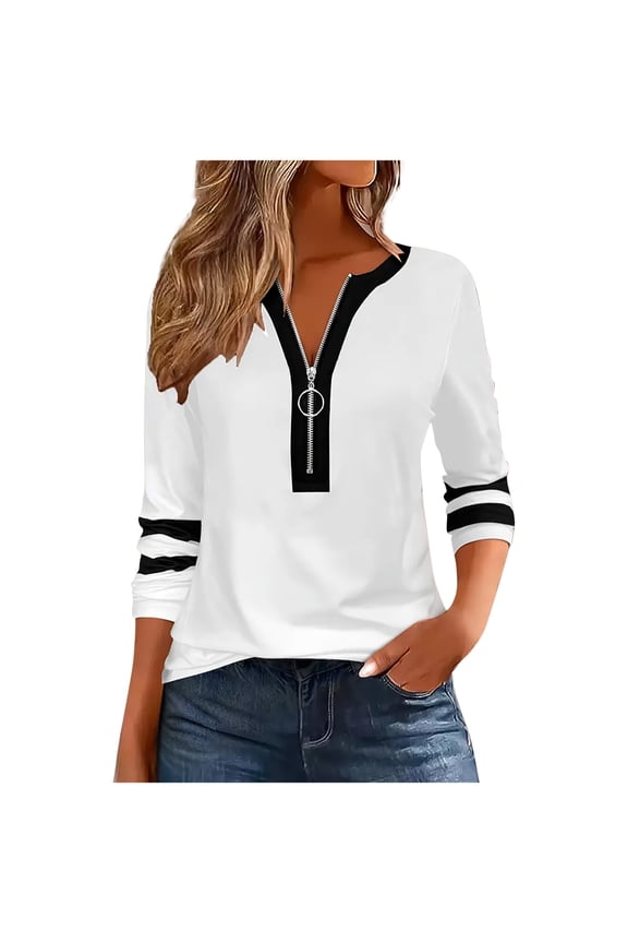 Color Block Half Zip Pullover Women Casual Striped Long Sleeve Shirt Spring Fall Going Out Tops for Daily Wear S-3XL