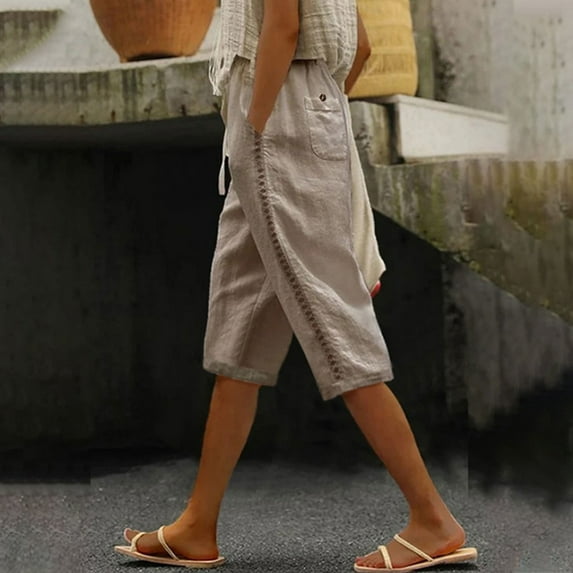 jobturf Cotton Linen Capri Pants for Women Casual Knee Length Capris Cropped Pants Summer Bermuda Shorts Elastic Waist Drawstring Loose Beach Shorts with Pockets